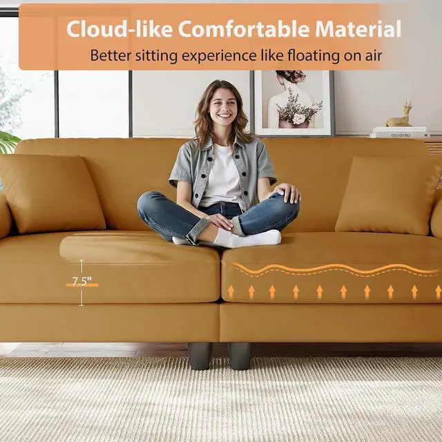 Alt view image 4 of 7 - 83" Couch Premium PU Leather Sofa, Comfy Extra Deep Seat 3 Seater Couch for Living Room, Oversized Loveseat with 2 Pillows, Brown
