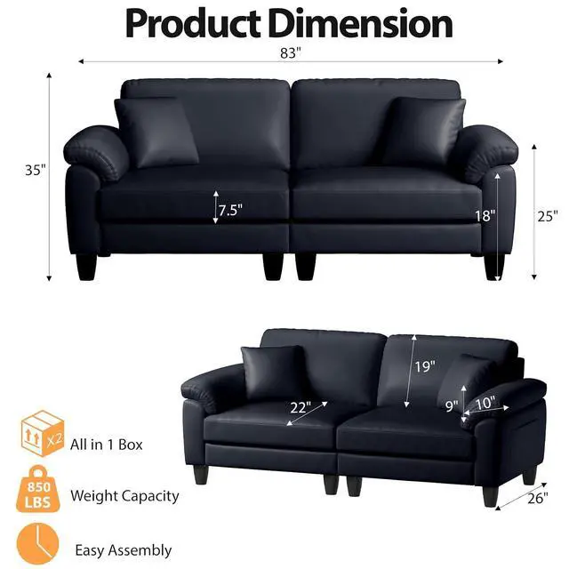 Alt view image 2 of 7 - 83" Couch Premium PU Leather Sofa, Comfy Extra Deep Seat 3 Seater Couch for Living Room, Oversized Loveseat with 2 Pillows, Navy