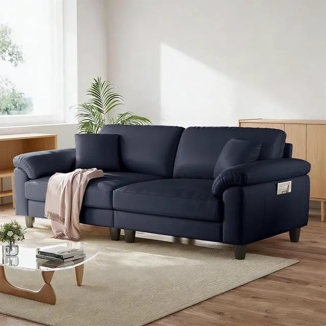 Alt view image 3 of 7 - 83" Couch Premium PU Leather Sofa, Comfy Extra Deep Seat 3 Seater Couch for Living Room, Oversized Loveseat with 2 Pillows, Navy