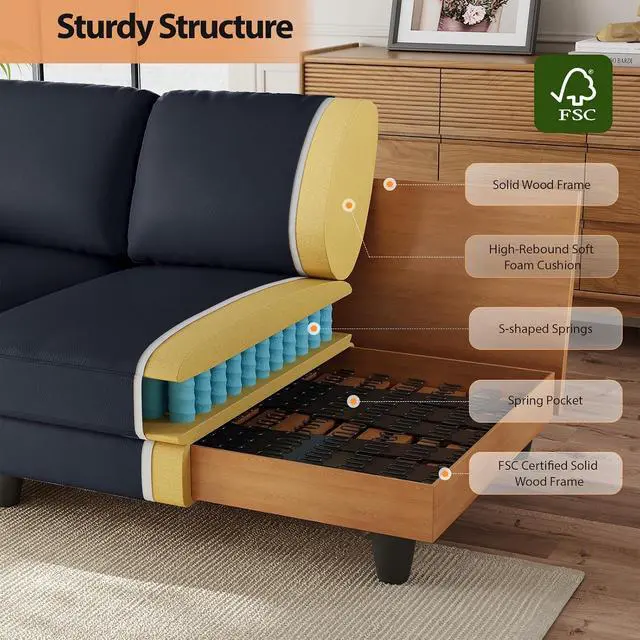 Alt view image 4 of 7 - 83" Couch Premium PU Leather Sofa, Comfy Extra Deep Seat 3 Seater Couch for Living Room, Oversized Loveseat with 2 Pillows, Navy