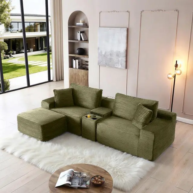 Main image of 111" Oversized Modular Sectional Couch, L Shaped Corduroy Cloud Sofa with Cup Holders, USB & Type-C Ports, Storage Box, Deep Seat Upholstered Memory Foam Boneless Floor Sofa for Living Room (Green)