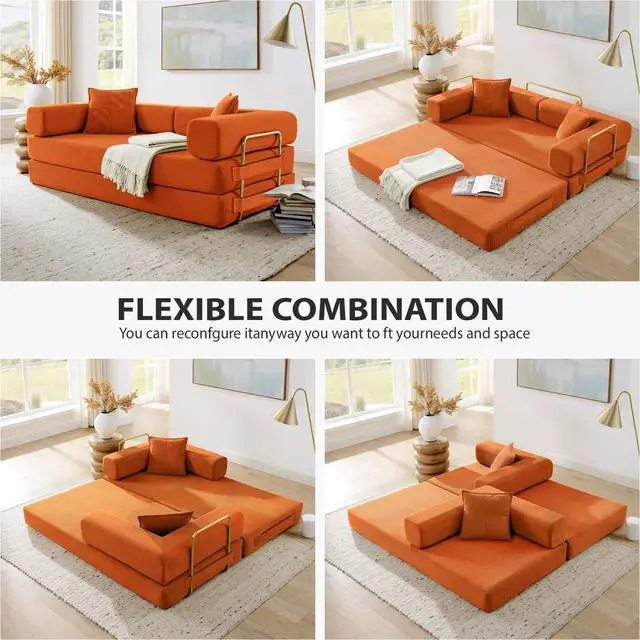 Alt view image 5 of 6 - 4-in-1 Folding Convertible Sofa Bed, 78 Inch Boneless Couch with Fixed-Shape Frame, Corduroy Loveseat Sleeper with Pull Out Bed, Floor Sofa Modular Futon Couch for Living Room Bedroom Lounge (Orange)