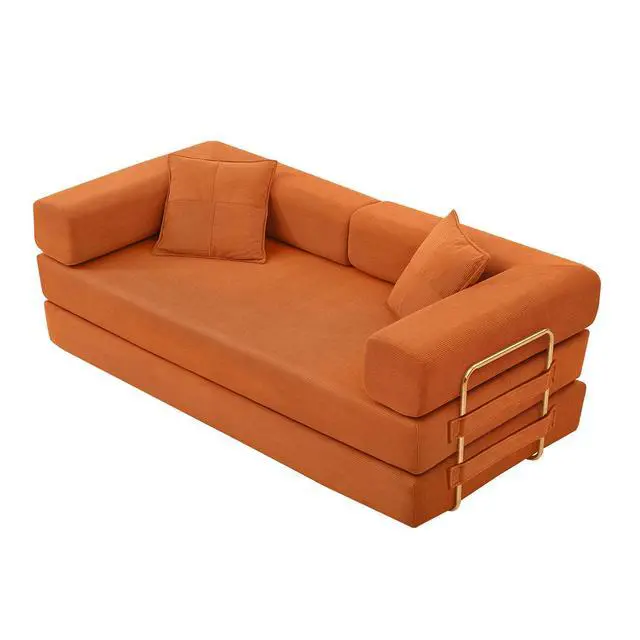 Alt view image 6 of 6 - 4-in-1 Folding Convertible Sofa Bed, 78 Inch Boneless Couch with Fixed-Shape Frame, Corduroy Loveseat Sleeper with Pull Out Bed, Floor Sofa Modular Futon Couch for Living Room Bedroom Lounge (Orange)
