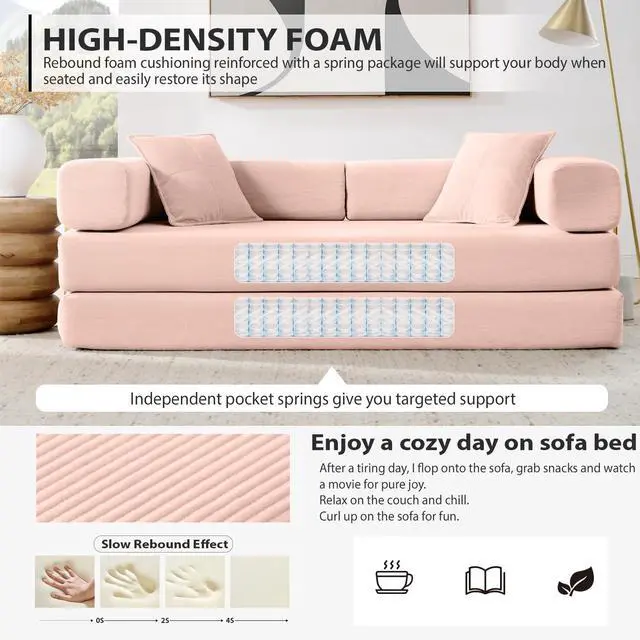 Alt view image 3 of 6 - 4-in-1 Folding Convertible Sofa Bed, 78 Inch Boneless Couch with Fixed-Shape Frame, Corduroy Loveseat Sleeper with Pull Out Bed, Floor Sofa Modular Futon Couch for Living Room Bedroom Lounge (Pink)