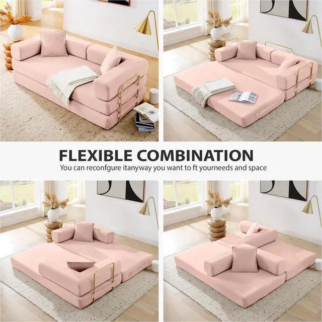 Alt view image 4 of 6 - 4-in-1 Folding Convertible Sofa Bed, 78 Inch Boneless Couch with Fixed-Shape Frame, Corduroy Loveseat Sleeper with Pull Out Bed, Floor Sofa Modular Futon Couch for Living Room Bedroom Lounge (Pink)
