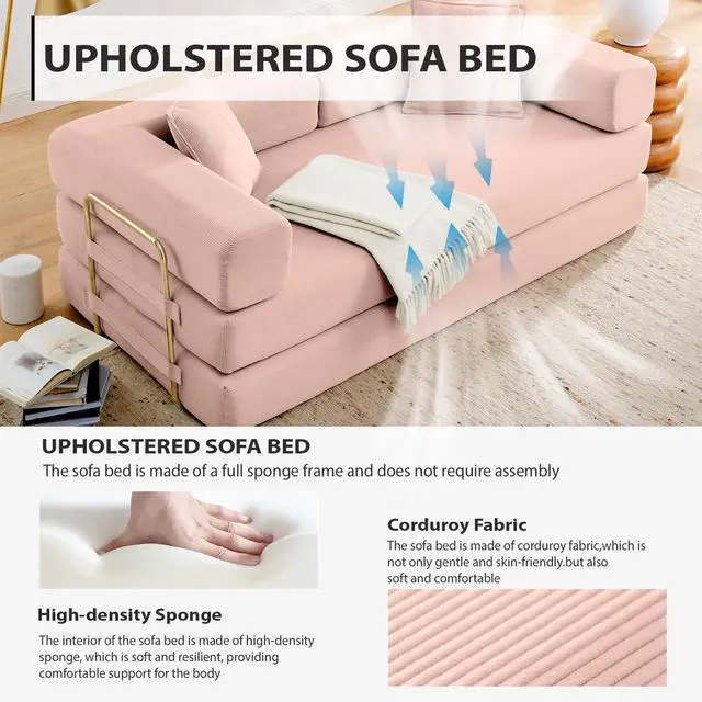 Alt view image 5 of 6 - 4-in-1 Folding Convertible Sofa Bed, 78 Inch Boneless Couch with Fixed-Shape Frame, Corduroy Loveseat Sleeper with Pull Out Bed, Floor Sofa Modular Futon Couch for Living Room Bedroom Lounge (Pink)