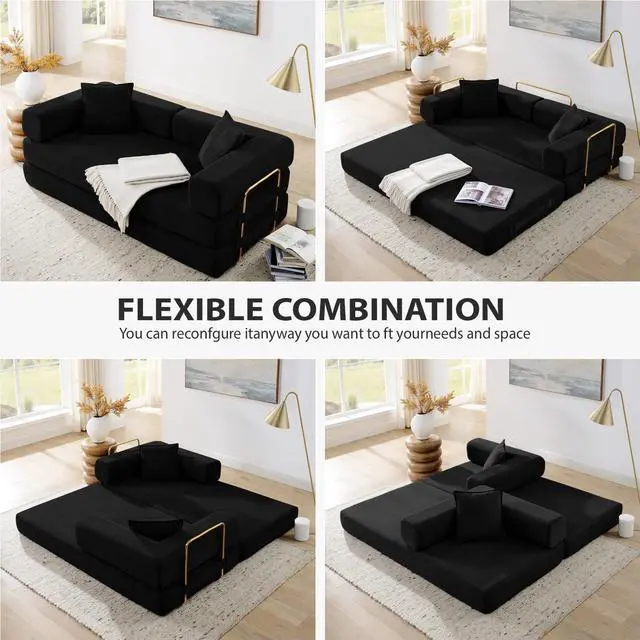 Alt view image 3 of 7 - 4-in-1 Folding Convertible Sofa Bed, 78 Inch Boneless Couch with Fixed-Shape Frame, Corduroy Loveseat Sleeper with Pull Out Bed, Floor Sofa Modular Futon Couch for Living Room Bedroom Lounge (Black)