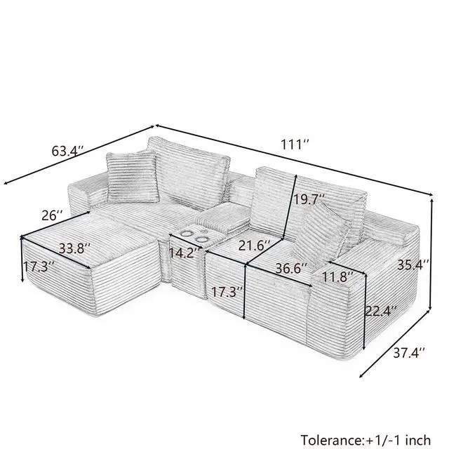 Alt view image 2 of 7 - 111" Oversized Modular Sectional Couch, L Shaped Corduroy Cloud Sofa with Cup Holders, USB & Type-C Ports, Storage Box, Deep Seat Upholstered Memory Foam Boneless Floor Sofa for Living Room (Gray)