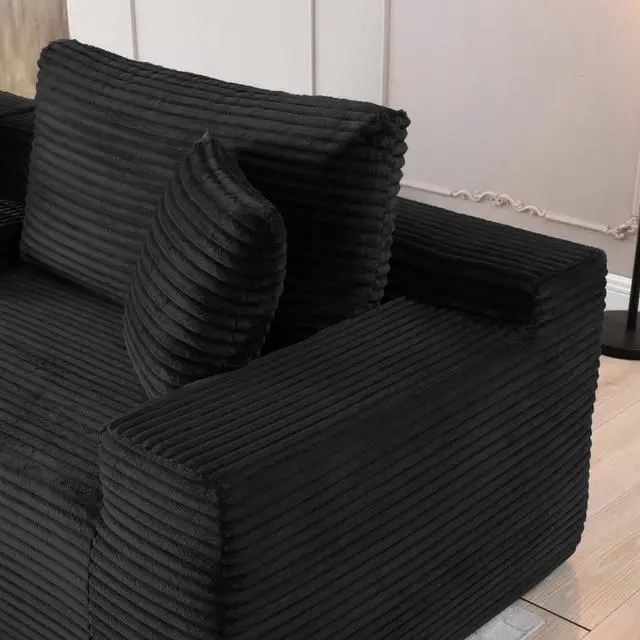 Alt view image 4 of 7 - 111" Oversized Modular Sectional Couch, L Shaped Corduroy Cloud Sofa with Cup Holders, USB & Type-C Ports, Storage Box, Deep Seat Upholstered Memory Foam Boneless Floor Sofa for Living Room (Black)