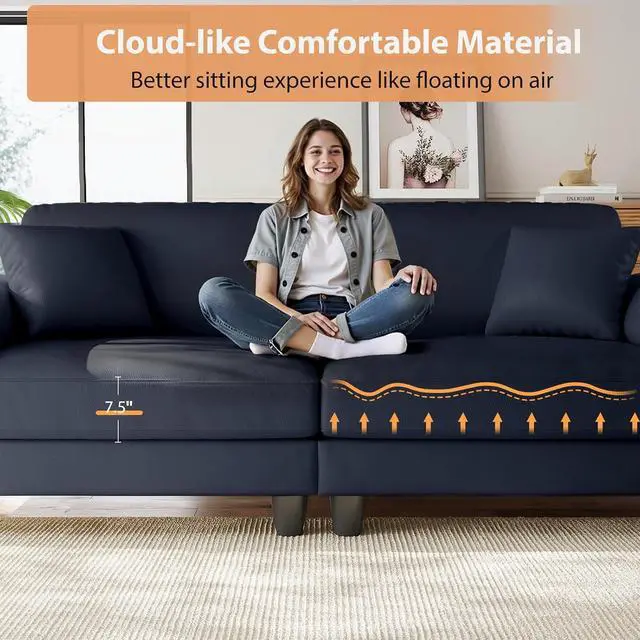 Alt view image 6 of 7 - 83" Couch Premium PU Leather Sofa, Comfy Extra Deep Seat 3 Seater Couch for Living Room, Oversized Loveseat with 2 Pillows, Navy