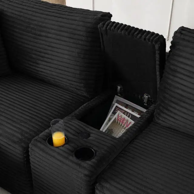 Alt view image 3 of 7 - 111" Oversized Modular Sectional Couch, L Shaped Corduroy Cloud Sofa with Cup Holders, USB & Type-C Ports, Storage Box, Deep Seat Upholstered Memory Foam Boneless Floor Sofa for Living Room (Black)