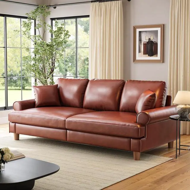 Main image of 87" Couch Premium PU Leather Sofa, Comfy Extra Deep Seat 3 Seater Couch for Living Room, with 2 Pillows, Brown