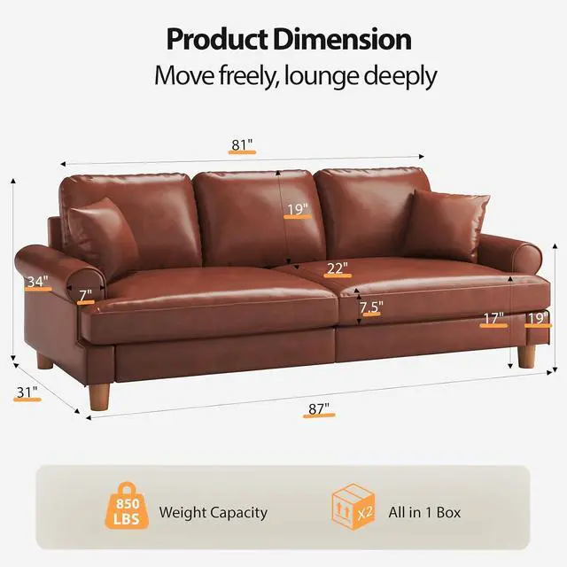 Alt view image 2 of 7 - 87" Couch Premium PU Leather Sofa, Comfy Extra Deep Seat 3 Seater Couch for Living Room, with 2 Pillows, Brown