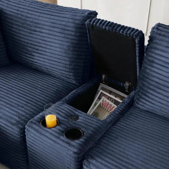 Alt view image 4 of 7 - 111" Oversized Modular Sectional Couch, L Shaped Corduroy Cloud Sofa with Cup Holders, USB & Type-C Ports, Storage Box, Deep Seat Upholstered Memory Foam Boneless Floor Sofa for Living Room (Blue)