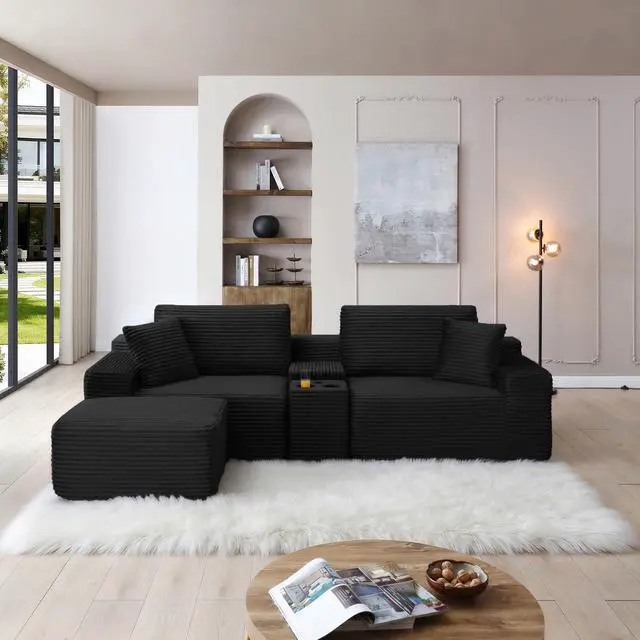 Alt view image 5 of 7 - 111" Oversized Modular Sectional Couch, L Shaped Corduroy Cloud Sofa with Cup Holders, USB & Type-C Ports, Storage Box, Deep Seat Upholstered Memory Foam Boneless Floor Sofa for Living Room (Black)