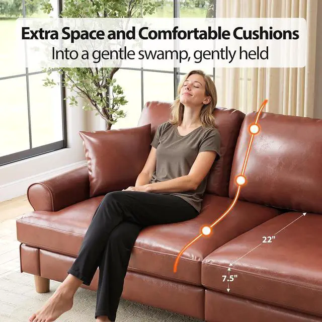 Alt view image 3 of 7 - 87" Couch Premium PU Leather Sofa, Comfy Extra Deep Seat 3 Seater Couch for Living Room, with 2 Pillows, Brown