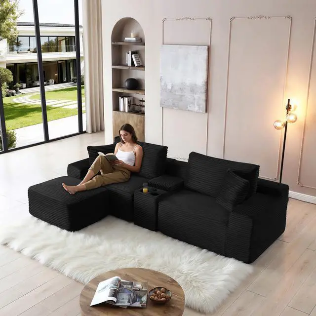 Alt view image 6 of 7 - 111" Oversized Modular Sectional Couch, L Shaped Corduroy Cloud Sofa with Cup Holders, USB & Type-C Ports, Storage Box, Deep Seat Upholstered Memory Foam Boneless Floor Sofa for Living Room (Black)