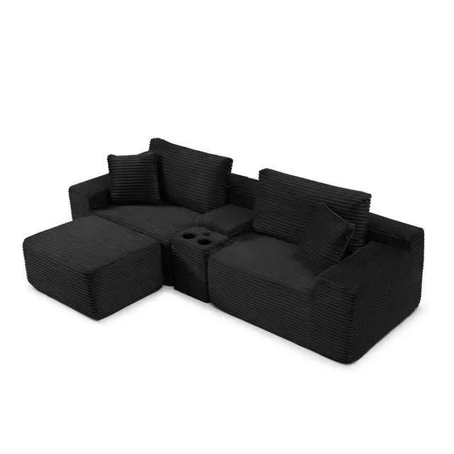 Alt view image 7 of 7 - 111" Oversized Modular Sectional Couch, L Shaped Corduroy Cloud Sofa with Cup Holders, USB & Type-C Ports, Storage Box, Deep Seat Upholstered Memory Foam Boneless Floor Sofa for Living Room (Black)