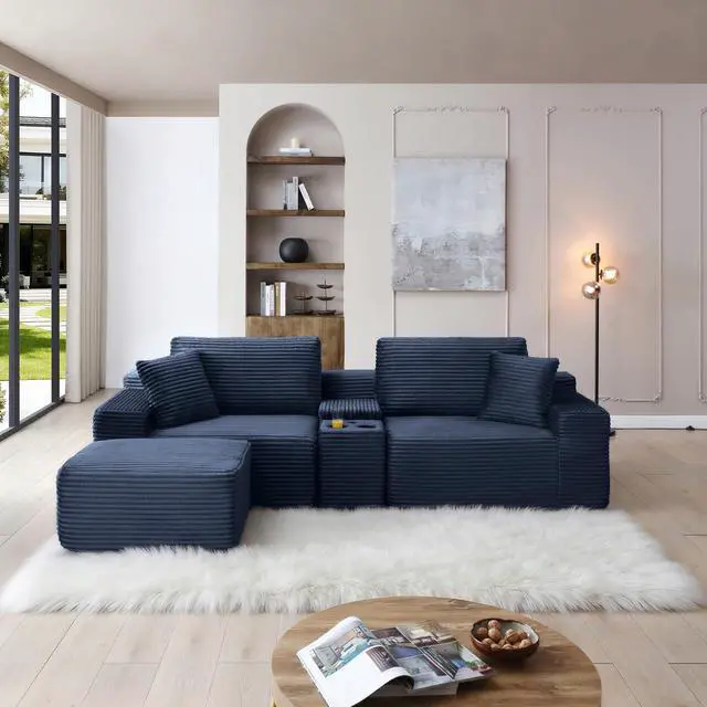 Alt view image 5 of 7 - 111" Oversized Modular Sectional Couch, L Shaped Corduroy Cloud Sofa with Cup Holders, USB & Type-C Ports, Storage Box, Deep Seat Upholstered Memory Foam Boneless Floor Sofa for Living Room (Blue)