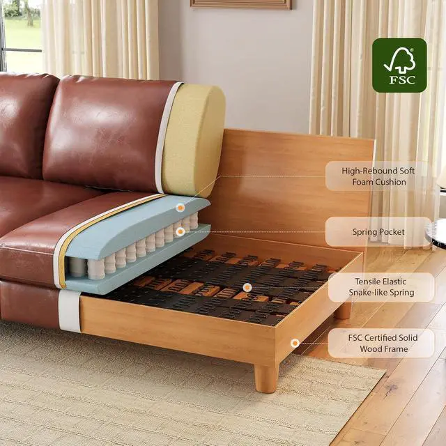 Alt view image 6 of 7 - 87" Couch Premium PU Leather Sofa, Comfy Extra Deep Seat 3 Seater Couch for Living Room, with 2 Pillows, Brown