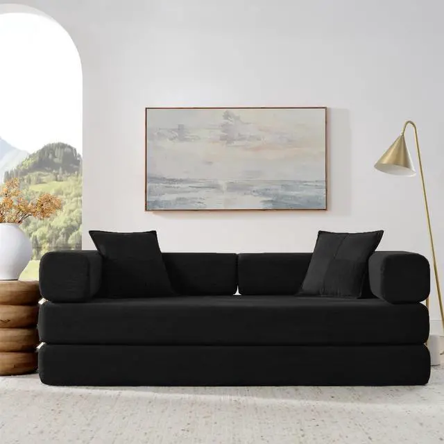 Alt view image 6 of 7 - 4-in-1 Folding Convertible Sofa Bed, 78 Inch Boneless Couch with Fixed-Shape Frame, Corduroy Loveseat Sleeper with Pull Out Bed, Floor Sofa Modular Futon Couch for Living Room Bedroom Lounge (Black)
