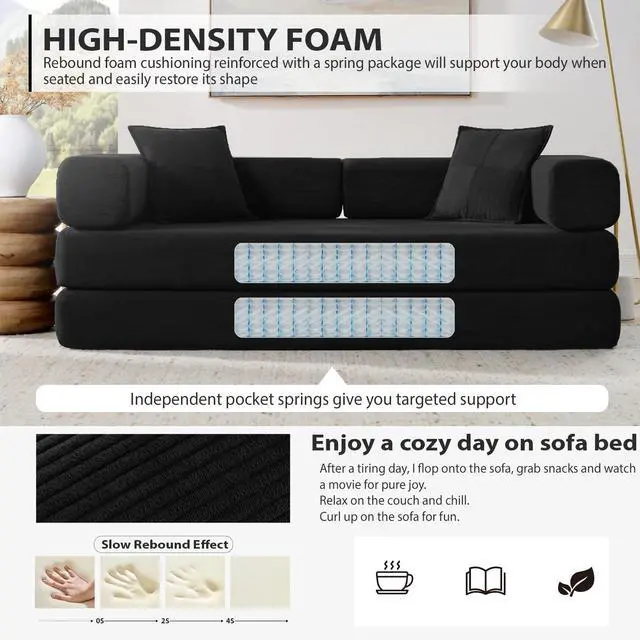 Alt view image 4 of 7 - 4-in-1 Folding Convertible Sofa Bed, 78 Inch Boneless Couch with Fixed-Shape Frame, Corduroy Loveseat Sleeper with Pull Out Bed, Floor Sofa Modular Futon Couch for Living Room Bedroom Lounge (Black)