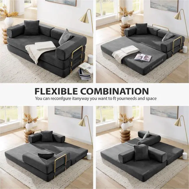 Alt view image 3 of 7 - 4-in-1 Folding Convertible Sofa Bed, 78 Inch Boneless Couch with Fixed-Shape Frame, Corduroy Loveseat Sleeper with Pull Out Bed, Floor Sofa Modular Futon Couch for Living Room Bedroom Lounge (Grey)