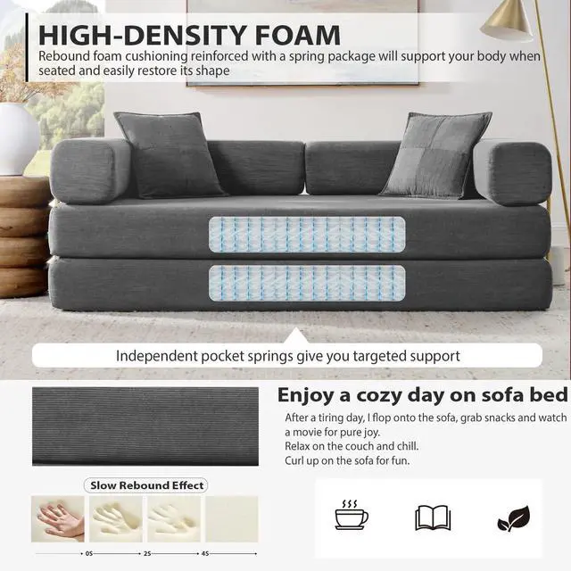Alt view image 4 of 7 - 4-in-1 Folding Convertible Sofa Bed, 78 Inch Boneless Couch with Fixed-Shape Frame, Corduroy Loveseat Sleeper with Pull Out Bed, Floor Sofa Modular Futon Couch for Living Room Bedroom Lounge (Grey)