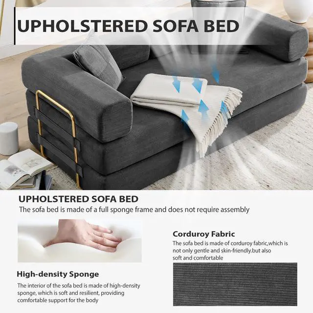 Alt view image 5 of 7 - 4-in-1 Folding Convertible Sofa Bed, 78 Inch Boneless Couch with Fixed-Shape Frame, Corduroy Loveseat Sleeper with Pull Out Bed, Floor Sofa Modular Futon Couch for Living Room Bedroom Lounge (Grey)
