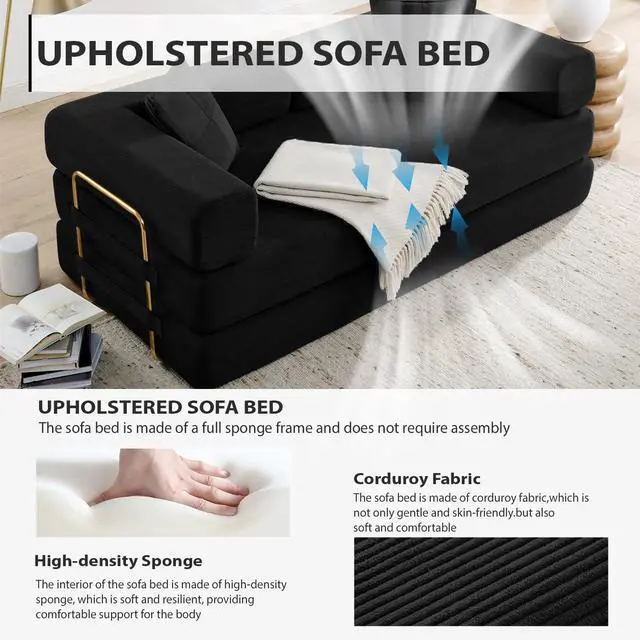 Alt view image 5 of 7 - 4-in-1 Folding Convertible Sofa Bed, 78 Inch Boneless Couch with Fixed-Shape Frame, Corduroy Loveseat Sleeper with Pull Out Bed, Floor Sofa Modular Futon Couch for Living Room Bedroom Lounge (Black)