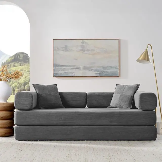 Alt view image 6 of 7 - 4-in-1 Folding Convertible Sofa Bed, 78 Inch Boneless Couch with Fixed-Shape Frame, Corduroy Loveseat Sleeper with Pull Out Bed, Floor Sofa Modular Futon Couch for Living Room Bedroom Lounge (Grey)