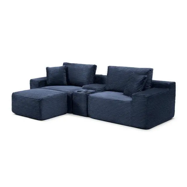 Alt view image 7 of 7 - 111" Oversized Modular Sectional Couch, L Shaped Corduroy Cloud Sofa with Cup Holders, USB & Type-C Ports, Storage Box, Deep Seat Upholstered Memory Foam Boneless Floor Sofa for Living Room (Blue)
