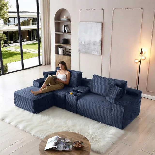Alt view image 6 of 7 - 111" Oversized Modular Sectional Couch, L Shaped Corduroy Cloud Sofa with Cup Holders, USB & Type-C Ports, Storage Box, Deep Seat Upholstered Memory Foam Boneless Floor Sofa for Living Room (Blue)
