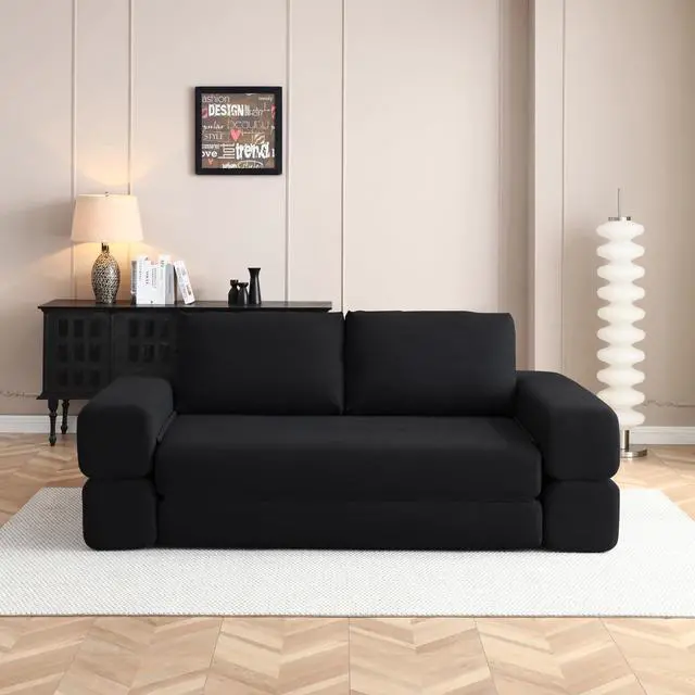 Main image of 81 Convertible Sleeper Sofa Bed, High Back Plush Corduroy Boneless Futon Loveseat with Pull Out Bed, Folding Floor Mattress Couch, No Assembly Required (Black)