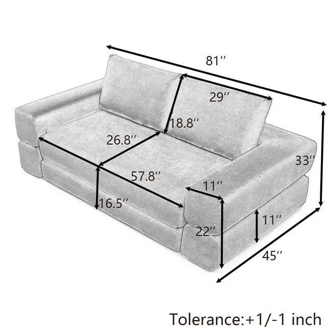 Alt view image 2 of 7 - 81 Convertible Sleeper Sofa Bed, High Back Plush Corduroy Boneless Futon Loveseat with Pull Out Bed, Folding Floor Mattress Couch, No Assembly Required (Black)