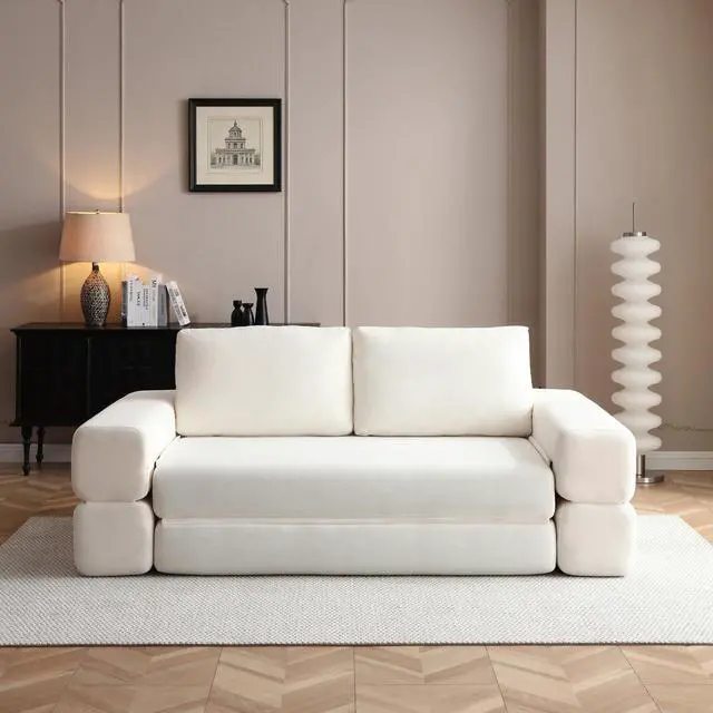 Main image of 81 Convertible Sleeper Sofa Bed, High Back Plush Corduroy Boneless Futon Loveseat with Pull Out Bed, Folding Floor Mattress Couch, No Assembly Required (Beige)