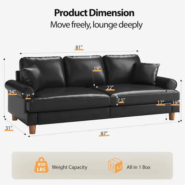 Alt view image 2 of 7 - 87" Couch Premium PU Leather Sofa, Comfy Extra Deep Seat 3 Seater Couch for Living Room, with 2 Pillows, Black