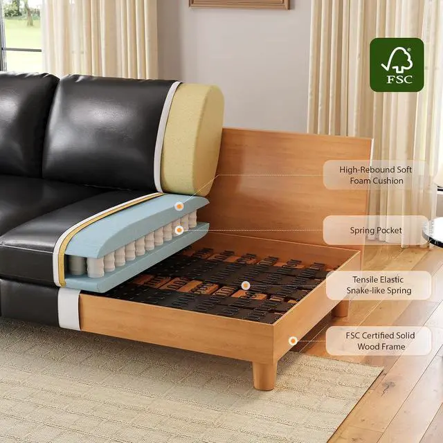 Alt view image 3 of 7 - 87" Couch Premium PU Leather Sofa, Comfy Extra Deep Seat 3 Seater Couch for Living Room, with 2 Pillows, Black