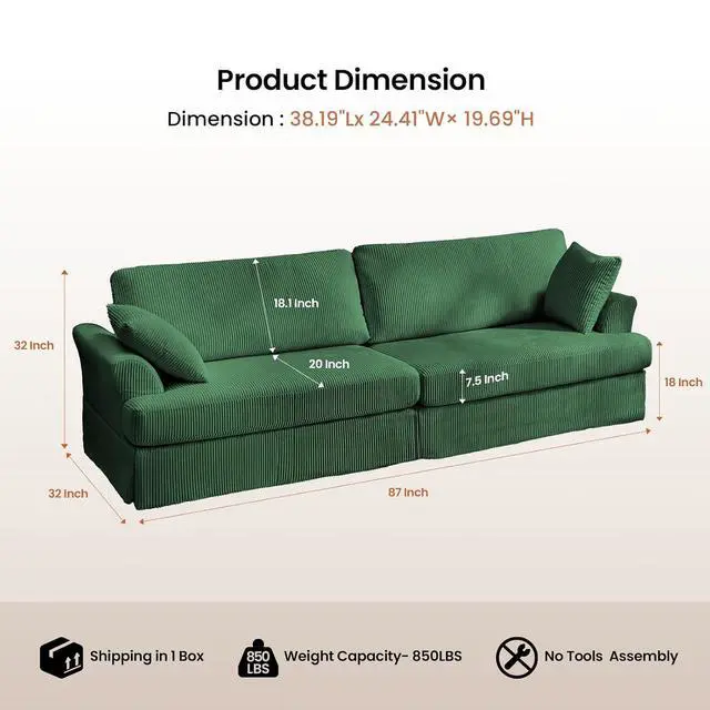 Alt view image 2 of 7 - 87" Sofa, Comfy Cloud Couch, Upholstered Couch for Living Room, Green