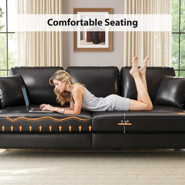Alt view image 7 of 7 - 87" Couch Premium PU Leather Sofa, Comfy Extra Deep Seat 3 Seater Couch for Living Room, with 2 Pillows, Black