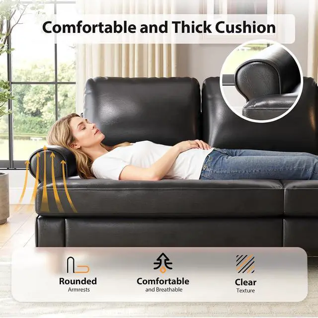 Alt view image 5 of 7 - 87" Couch Premium PU Leather Sofa, Comfy Extra Deep Seat 3 Seater Couch for Living Room, with 2 Pillows, Black
