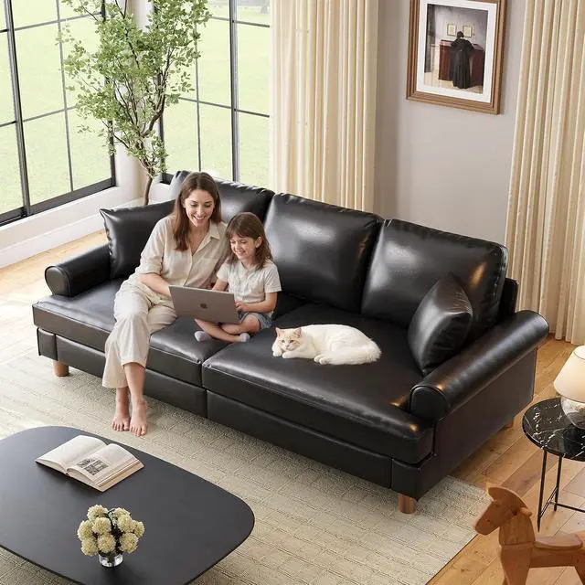 Alt view image 4 of 7 - 87" Couch Premium PU Leather Sofa, Comfy Extra Deep Seat 3 Seater Couch for Living Room, with 2 Pillows, Black