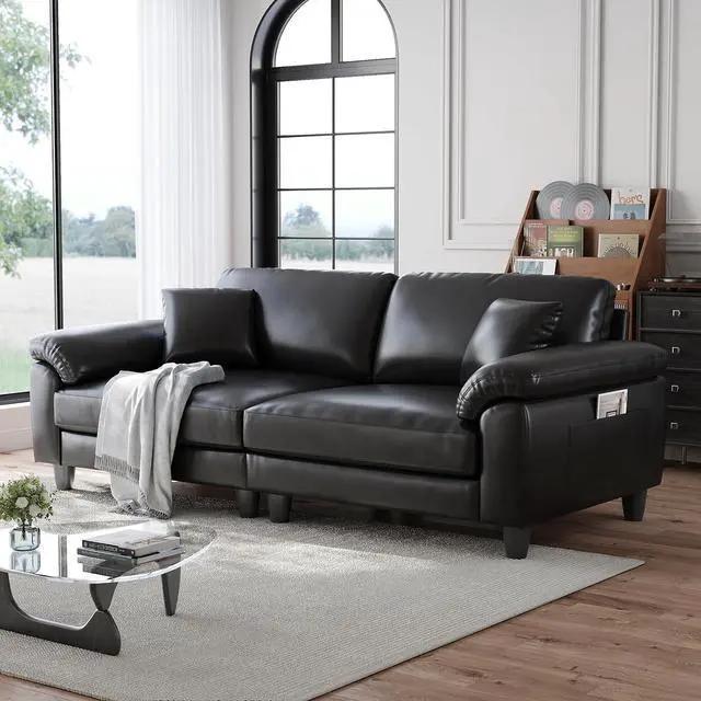 Main image of 83" Couch Premium PU Leather Sofa, Comfy Extra Deep Seat 3 Seater Couch for Living Room, Oversized Loveseat with 2 Pillows, Black