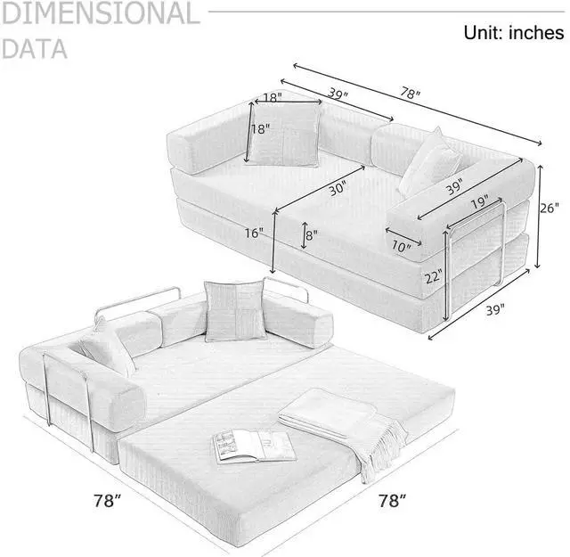 Alt view image 2 of 7 - 4-in-1 Folding Convertible Sofa Bed, 78 Inch Boneless Couch with Fixed-Shape Frame, Corduroy Loveseat Sleeper with Pull Out Bed, Floor Sofa Modular Futon Couch for Living Room Bedroom Lounge (Yellow)