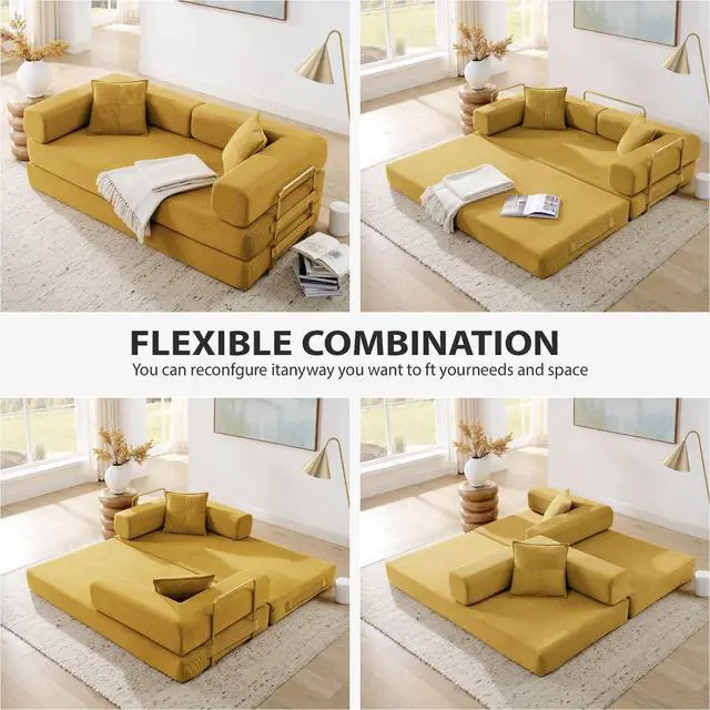 Alt view image 3 of 7 - 4-in-1 Folding Convertible Sofa Bed, 78 Inch Boneless Couch with Fixed-Shape Frame, Corduroy Loveseat Sleeper with Pull Out Bed, Floor Sofa Modular Futon Couch for Living Room Bedroom Lounge (Yellow)