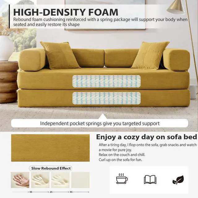 Alt view image 4 of 7 - 4-in-1 Folding Convertible Sofa Bed, 78 Inch Boneless Couch with Fixed-Shape Frame, Corduroy Loveseat Sleeper with Pull Out Bed, Floor Sofa Modular Futon Couch for Living Room Bedroom Lounge (Yellow)