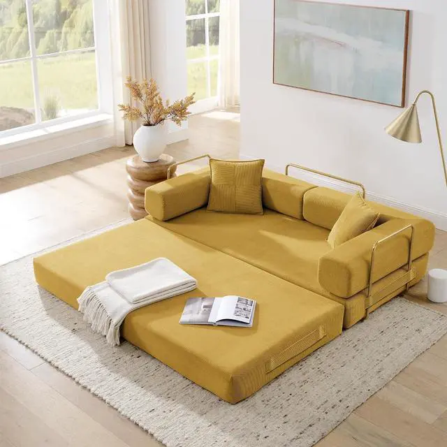 Main image of 4-in-1 Folding Convertible Sofa Bed, 78 Inch Boneless Couch with Fixed-Shape Frame, Corduroy Loveseat Sleeper with Pull Out Bed, Floor Sofa Modular Futon Couch for Living Room Bedroom Lounge (Yellow)