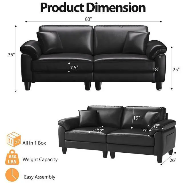 Alt view image 2 of 7 - 83" Couch Premium PU Leather Sofa, Comfy Extra Deep Seat 3 Seater Couch for Living Room, Oversized Loveseat with 2 Pillows, Black