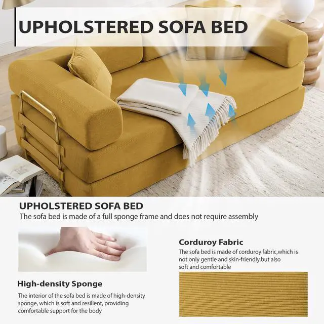 Alt view image 5 of 7 - 4-in-1 Folding Convertible Sofa Bed, 78 Inch Boneless Couch with Fixed-Shape Frame, Corduroy Loveseat Sleeper with Pull Out Bed, Floor Sofa Modular Futon Couch for Living Room Bedroom Lounge (Yellow)
