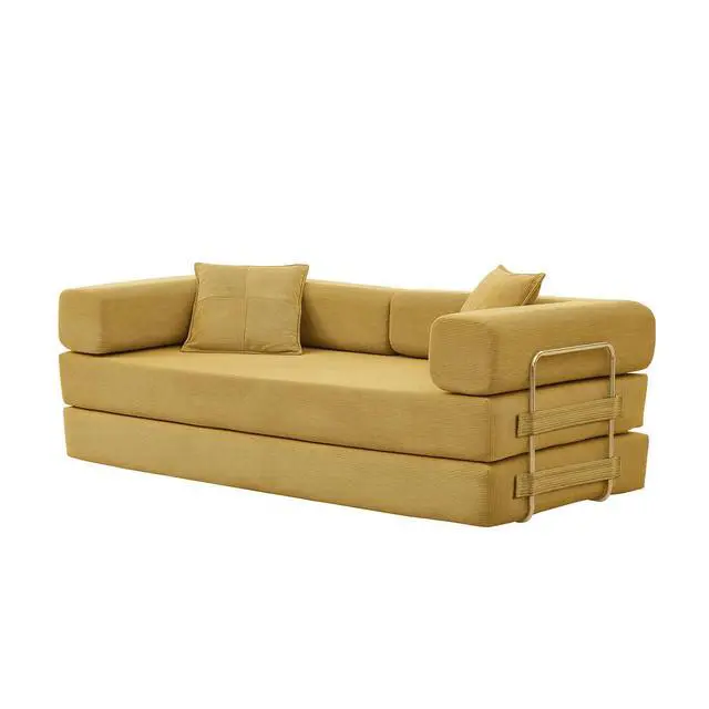 Alt view image 7 of 7 - 4-in-1 Folding Convertible Sofa Bed, 78 Inch Boneless Couch with Fixed-Shape Frame, Corduroy Loveseat Sleeper with Pull Out Bed, Floor Sofa Modular Futon Couch for Living Room Bedroom Lounge (Yellow)